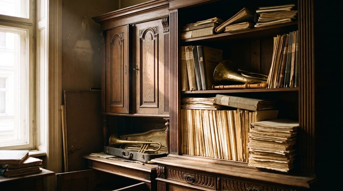 Notenschrank und Regale voller Partituren und Instrumente